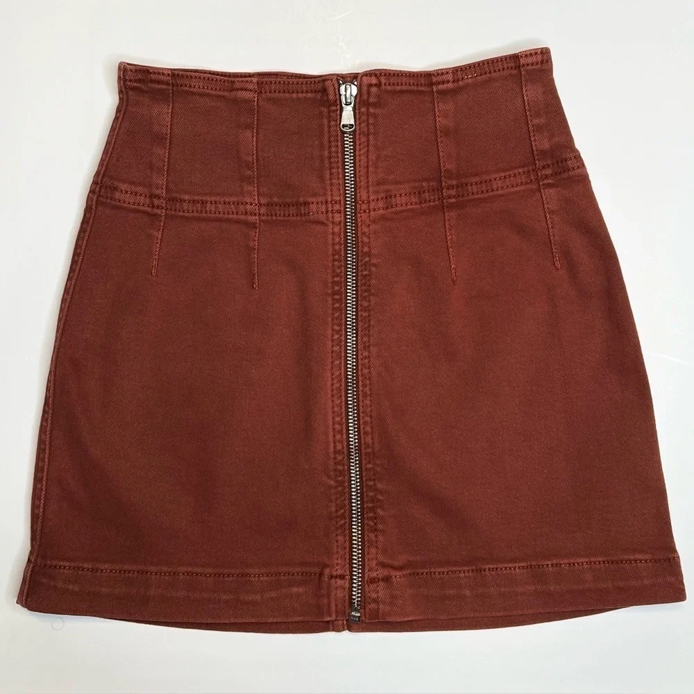 Free People We The Free Virgo Zip-Front Denim Mini Skirt Stretch Rust Orange 24